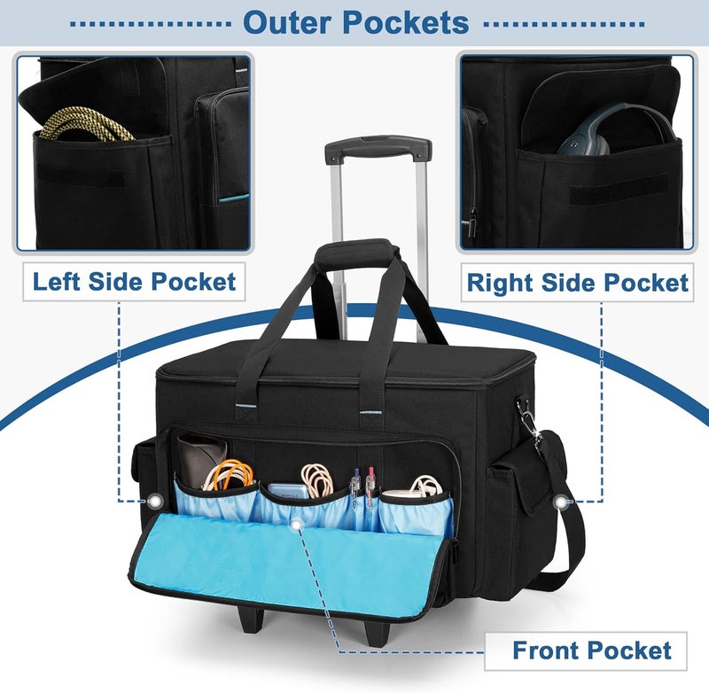 HODRANT Large Rolling DJ Cable Bag, Padded Gig Bag with Detachable Trolley & Divider, Music Gear Case with Multi Pockets for 15.6" Laptop, DJ Gear, Musical Instrument, Sound Equipment Storage - Image 4